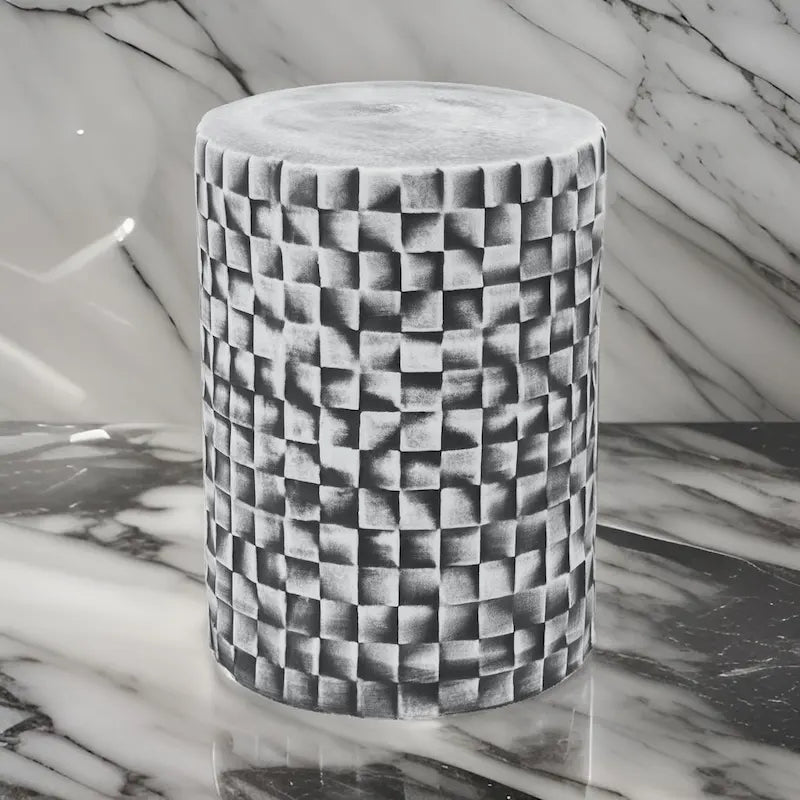 Taburete/Mesa de Cerámica con Patrón de Bloques Geométricos, Gris