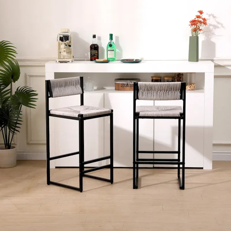 Juego de 2 Taburetes de Bar con Asiento Tejido de Cuerda de Papel y Estructura Metálica