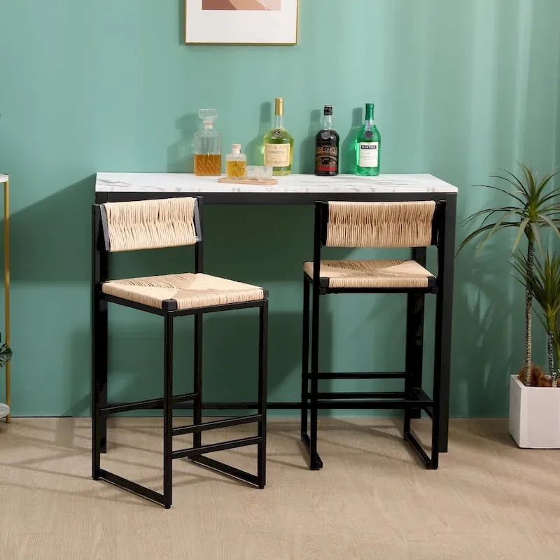 Juego de 2 Taburetes de Bar con Asiento Tejido de Cuerda de Papel y Estructura Metálica