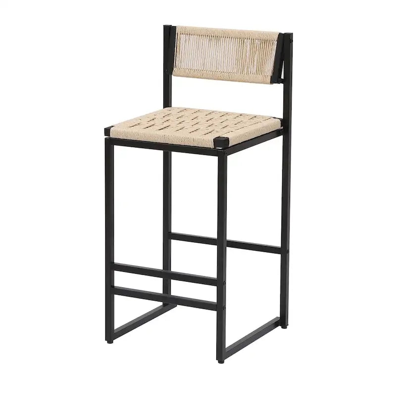 Juego de 2 Taburetes de Bar con Asiento Tejido de Cuerda de Papel y Estructura Metálica