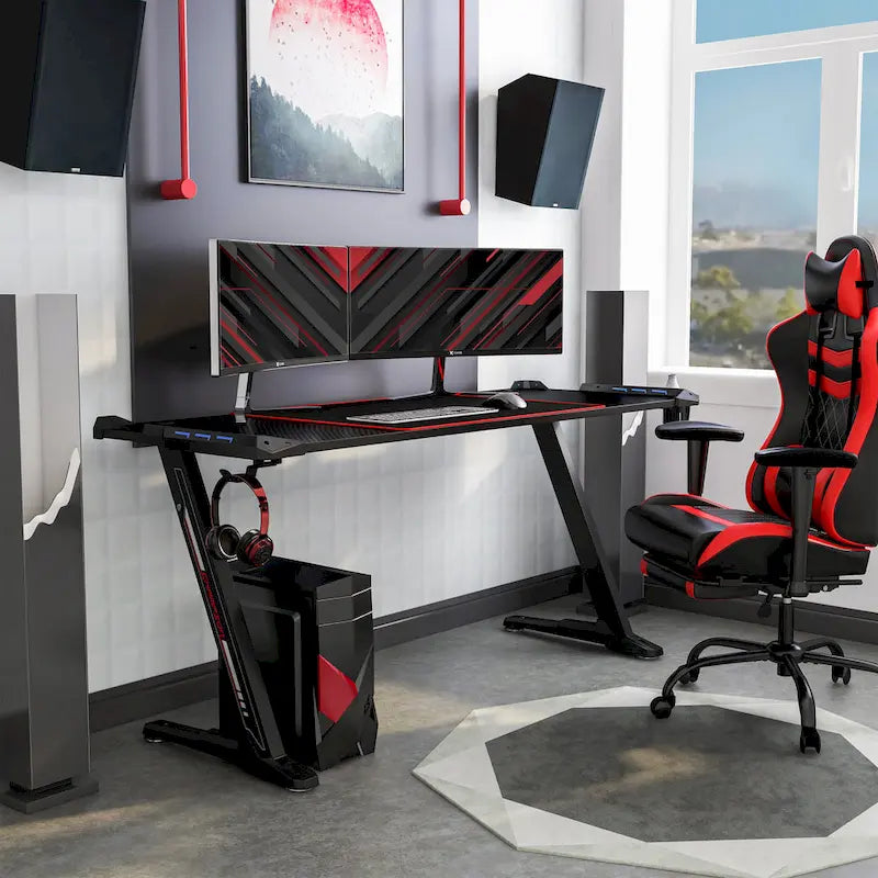Escritorio Gaming de 67 Pulgadas con Luces LED, Puertos USB y Superficie de Fibra de Carbono