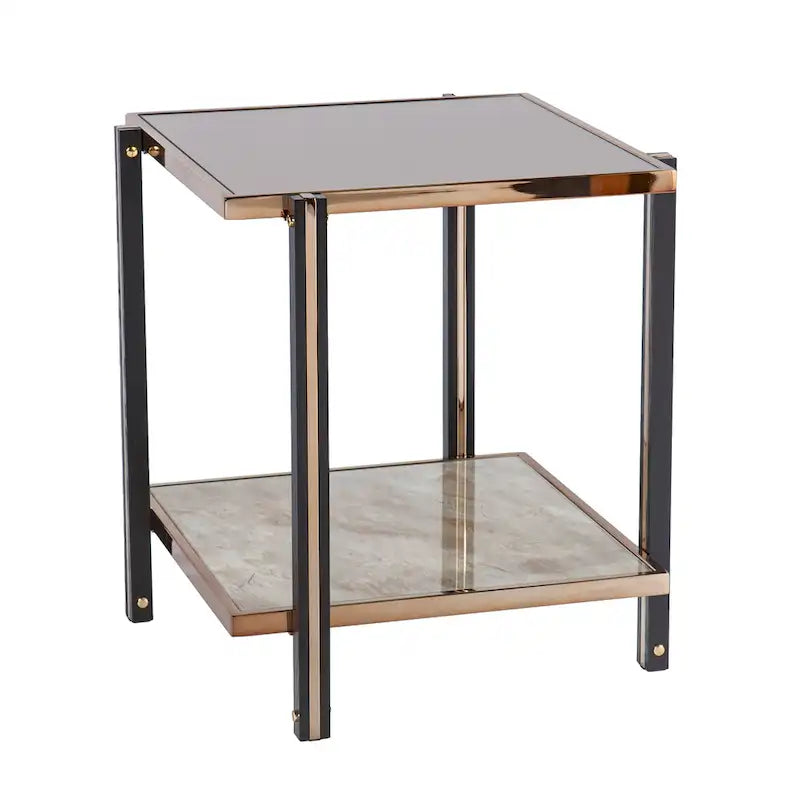 Mesa auxiliar de metal con espejo y estante de imitación mármol