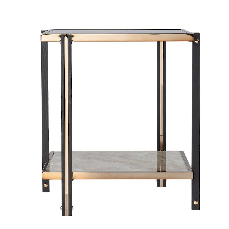 Mesa auxiliar de metal con espejo y estante de imitación mármol