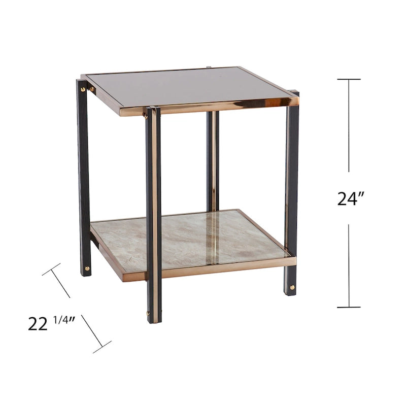 Mesa auxiliar de metal con espejo y estante de imitación mármol