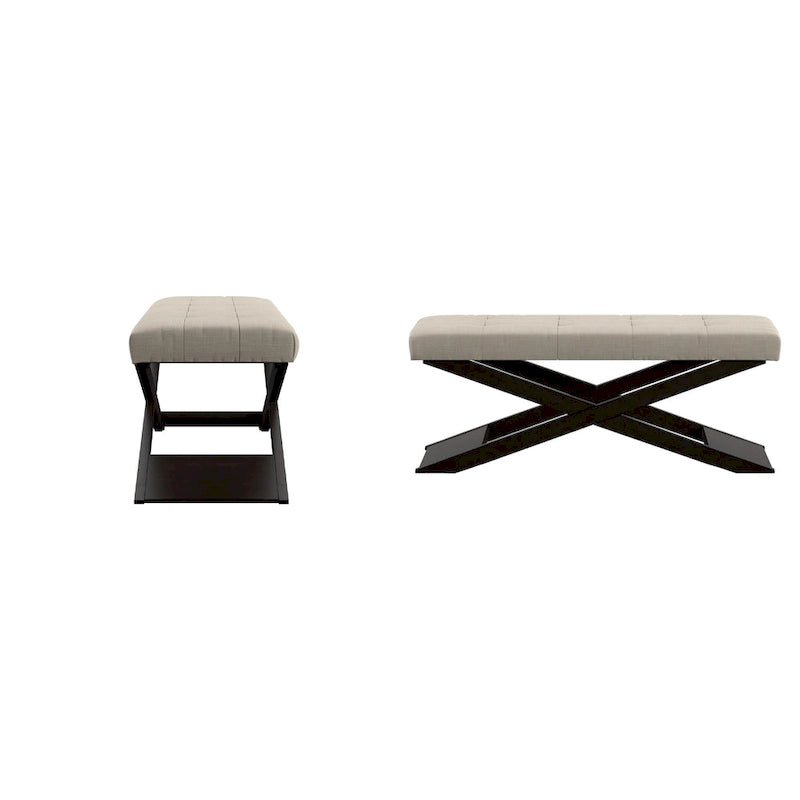 Banco con base en X tapizado en lino beige