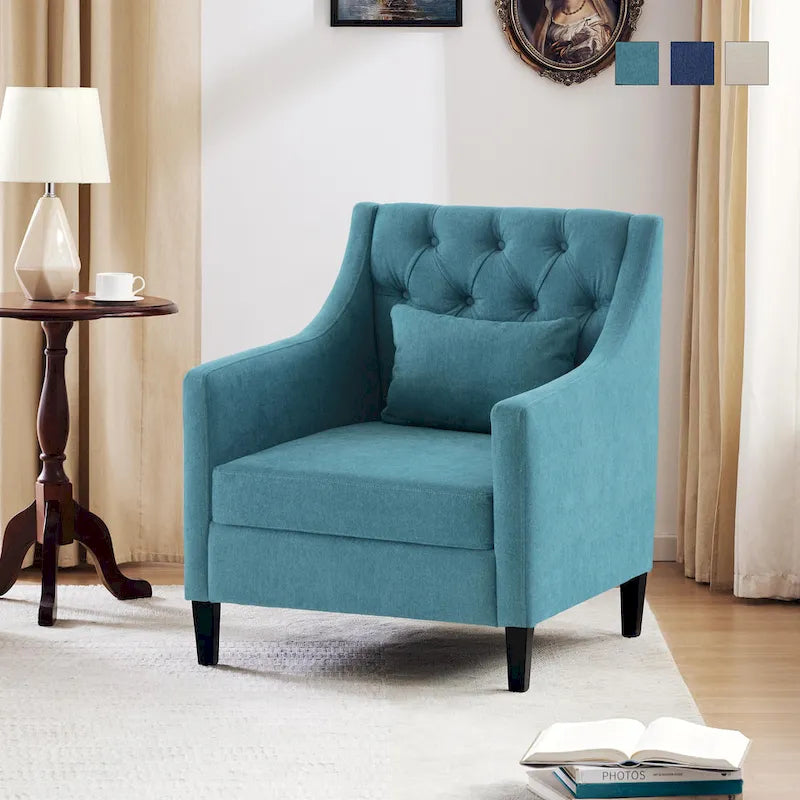 Sillón tapizado auxiliar con reposapiés – Disponible en azul, verde azulado oscuro y beige