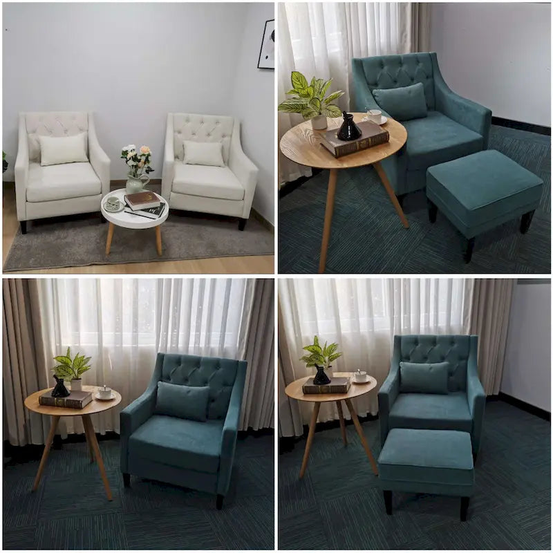 Sillón tapizado auxiliar con reposapiés – Disponible en azul, verde azulado oscuro y beige