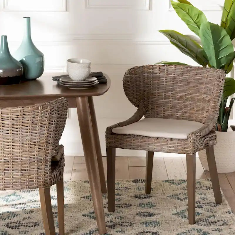 Silla de comedor de ratán y madera de caoba - Gris