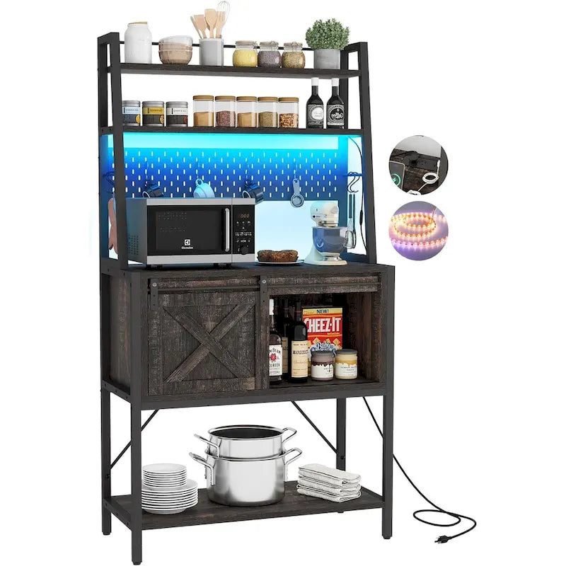 Estantería de cocina de 5 niveles con tira de luces LED, toma de corriente y armario deslizante