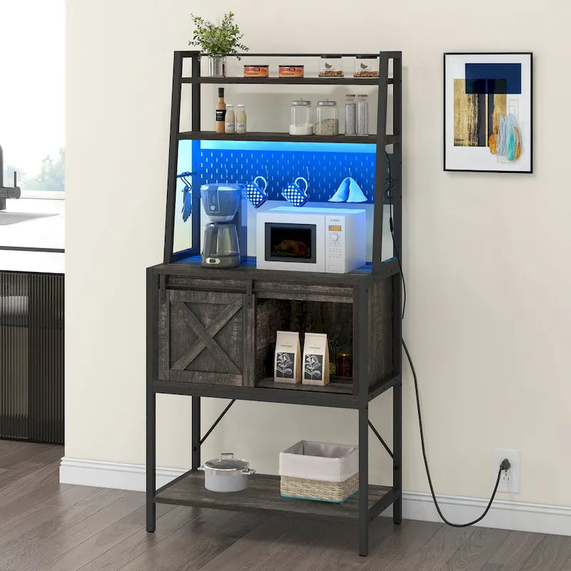 Estantería de cocina de 5 niveles con tira de luces LED, toma de corriente y armario deslizante