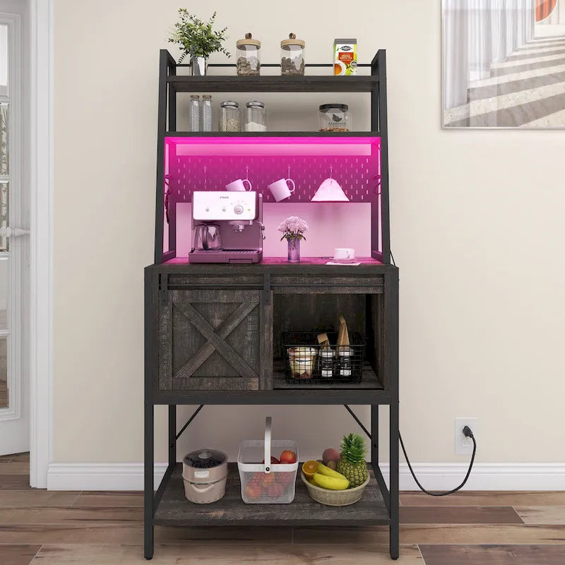 Estantería de cocina de 5 niveles con tira de luces LED, toma de corriente y armario deslizante