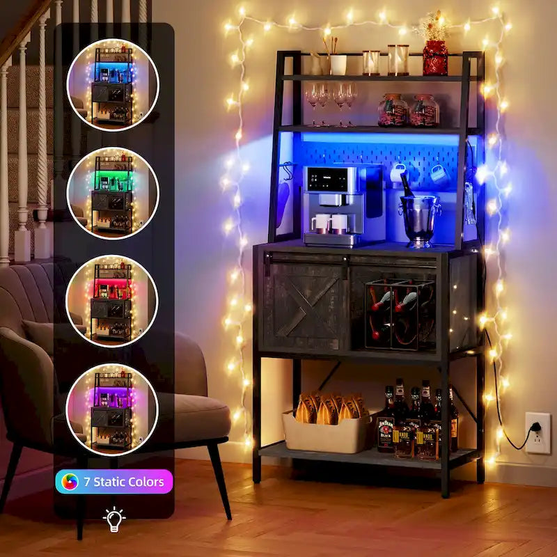 Estantería de cocina de 5 niveles con tira de luces LED, toma de corriente y armario deslizante
