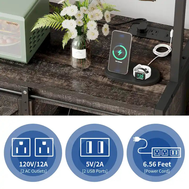 Estantería de cocina de 5 niveles con tira de luces LED, toma de corriente y armario deslizante