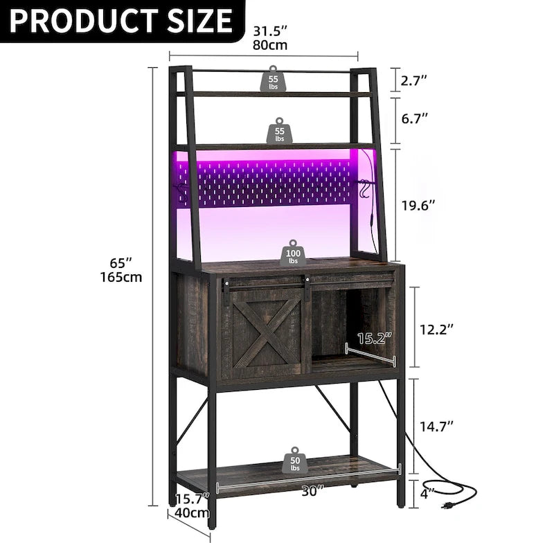 Estantería de cocina de 5 niveles con tira de luces LED, toma de corriente y armario deslizante