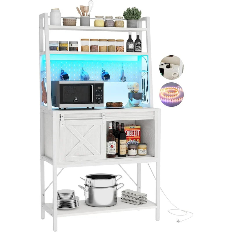 Estantería de cocina de 5 niveles con tira de luces LED, toma de corriente y armario deslizante