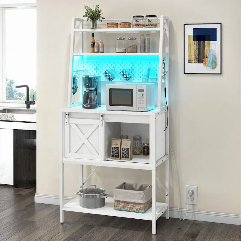Estantería de cocina de 5 niveles con tira de luces LED, toma de corriente y armario deslizante