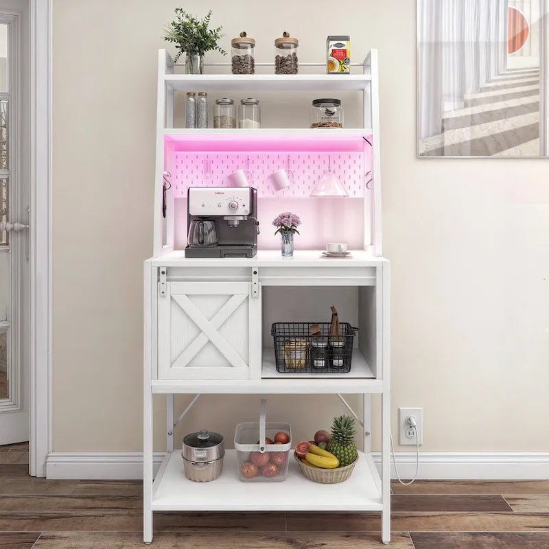 Estantería de cocina de 5 niveles con tira de luces LED, toma de corriente y armario deslizante