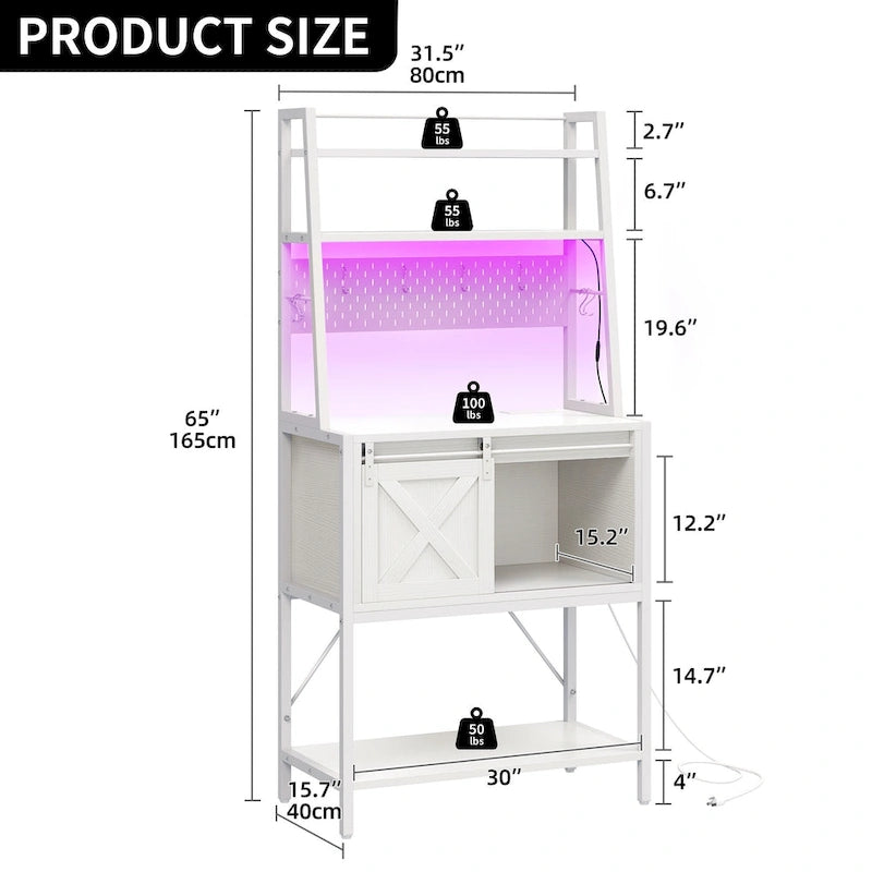 Estantería de cocina de 5 niveles con tira de luces LED, toma de corriente y armario deslizante