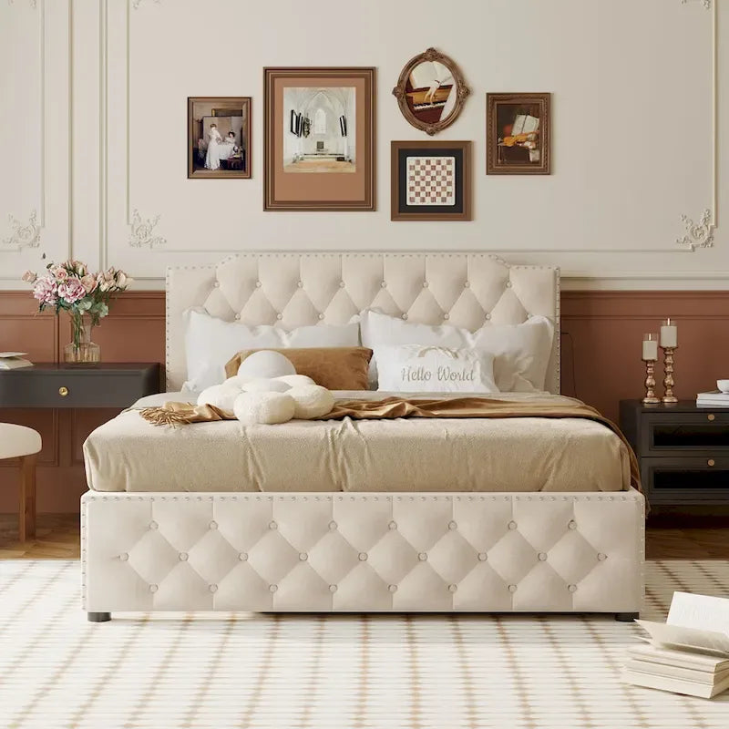 Cama tapizada tamaño Queen con nido individual y puertos USB, tela de lino, beige