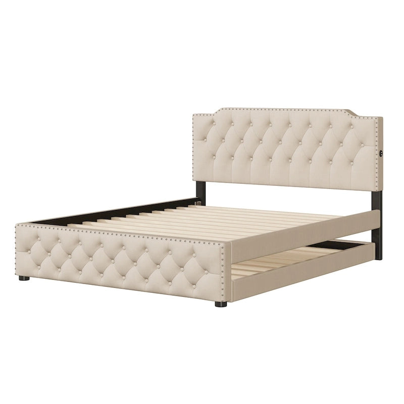 Cama tapizada tamaño Queen con nido individual y puertos USB, tela de lino, beige