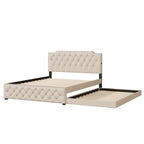 Cama tapizada tamaño Queen con nido individual y puertos USB, tela de lino, beige