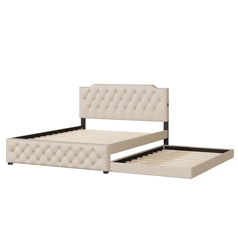 Cama tapizada tamaño Queen con nido individual y puertos USB, tela de lino, beige