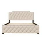 Cama tapizada tamaño Queen con nido individual y puertos USB, tela de lino, beige