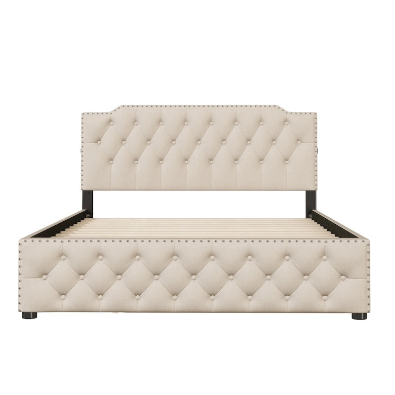 Cama tapizada tamaño Queen con nido individual y puertos USB, tela de lino, beige