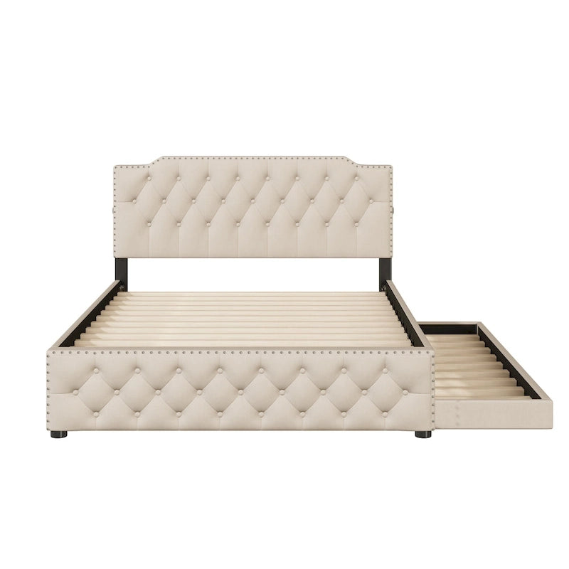Cama tapizada tamaño Queen con nido individual y puertos USB, tela de lino, beige