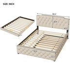Cama tapizada tamaño Queen con nido individual y puertos USB, tela de lino, beige