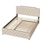 Cama tapizada tamaño Queen con nido individual y puertos USB, tela de lino, beige