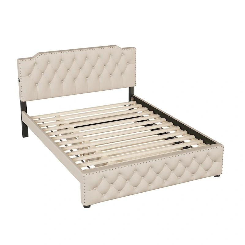 Cama tapizada tamaño Queen con nido individual y puertos USB, tela de lino, beige