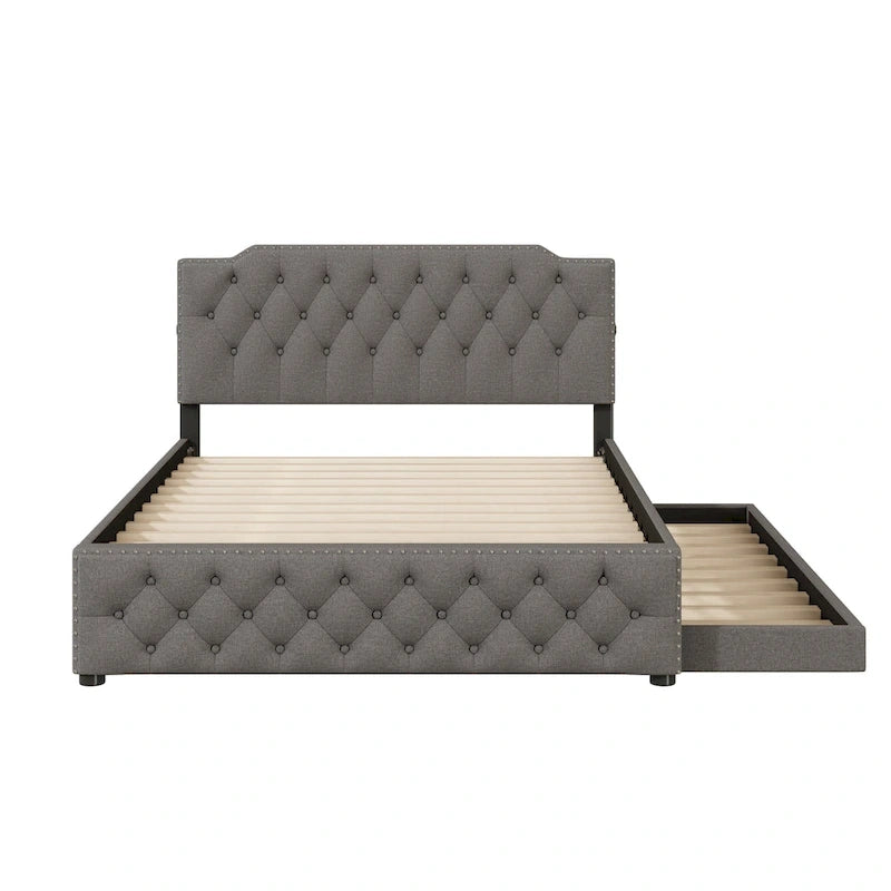 Cama tapizada tamaño Queen con nido individual y puertos USB, tela de lino, beige