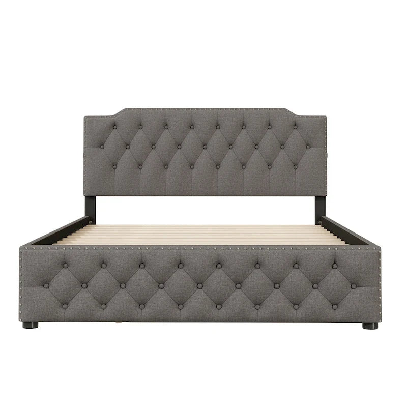 Cama tapizada tamaño Queen con nido individual y puertos USB, tela de lino, beige