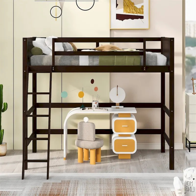 Litera alta individual de madera maciza con escalera