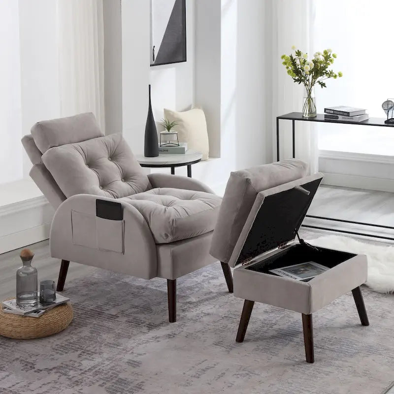 HOMYKA Upholstered Chaise Lounge Chair with Adjustable Backrest Storage Ottoman