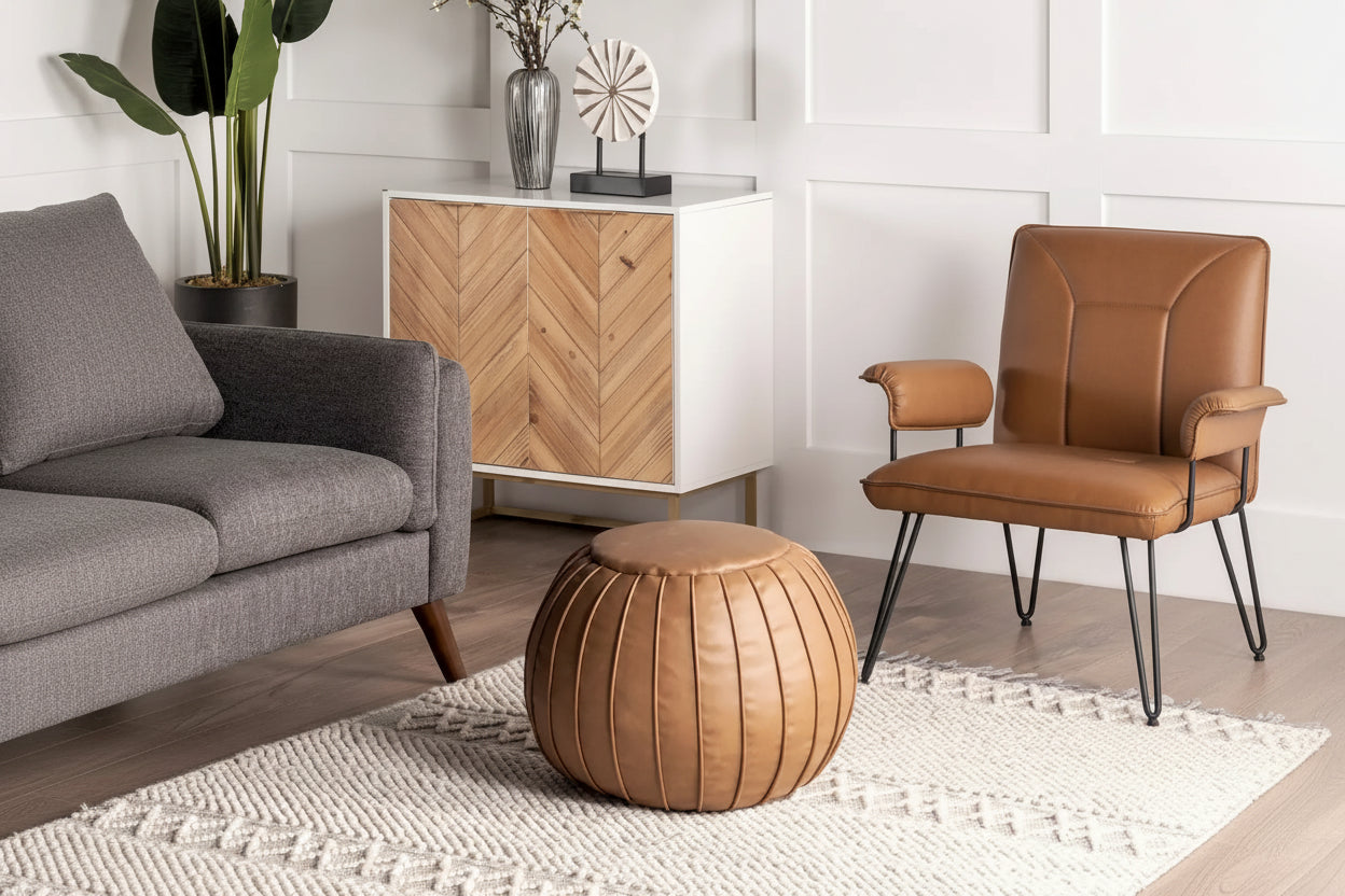 Nuloom Faux Leather Round Filled Ottoman Pouf