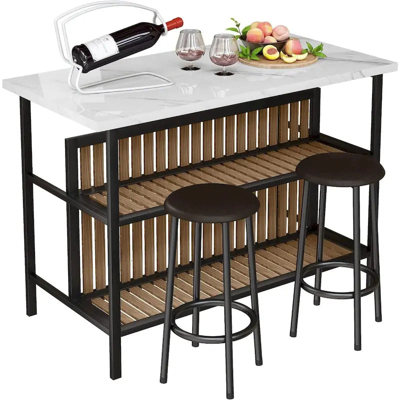 Isla de cocina con 2 taburetes y estantes abiertos