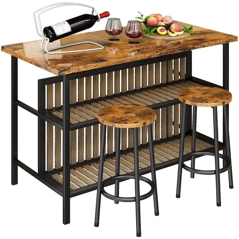 Isla de cocina con 2 taburetes y estantes abiertos