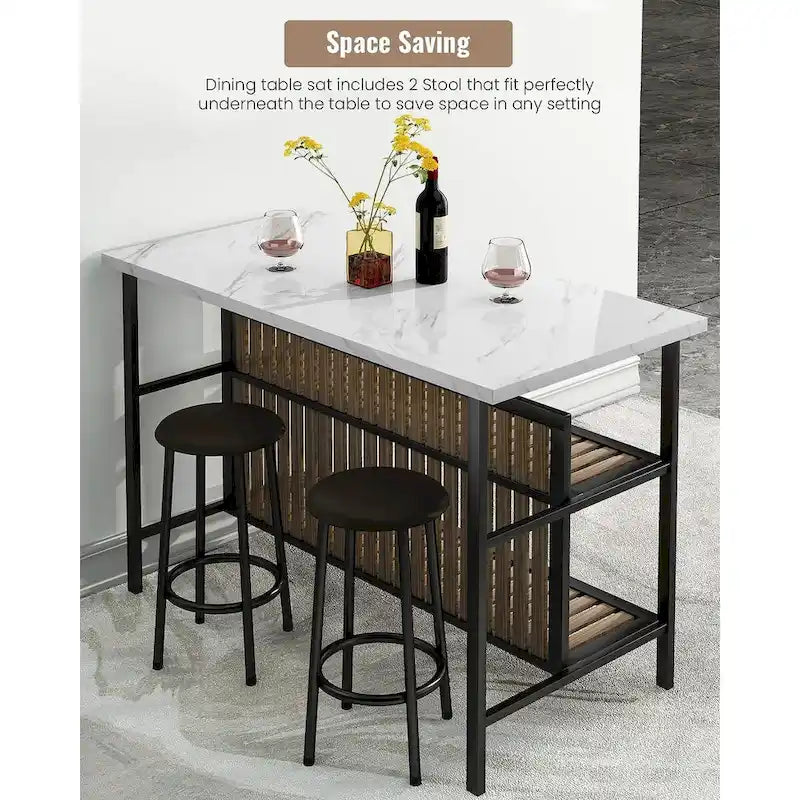 Isla de cocina con 2 taburetes y estantes abiertos