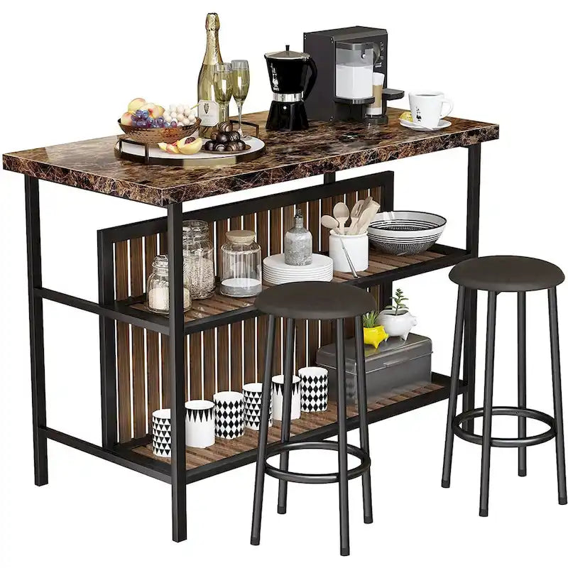 Isla de cocina con 2 taburetes y estantes abiertos