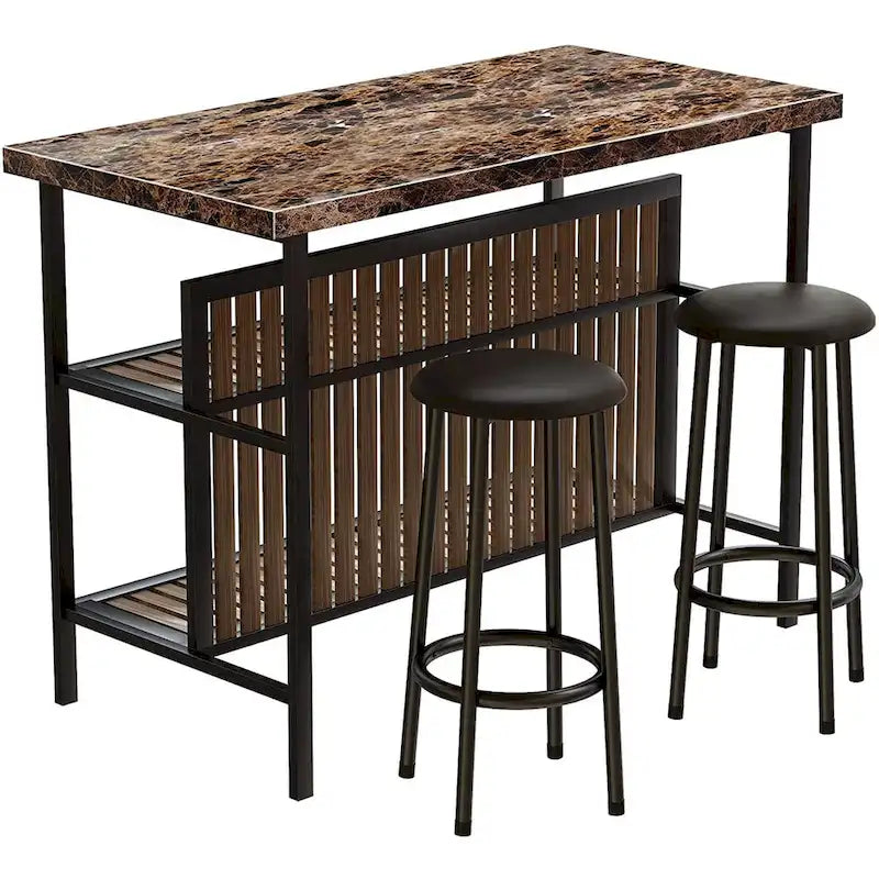 Isla de cocina con 2 taburetes y estantes abiertos