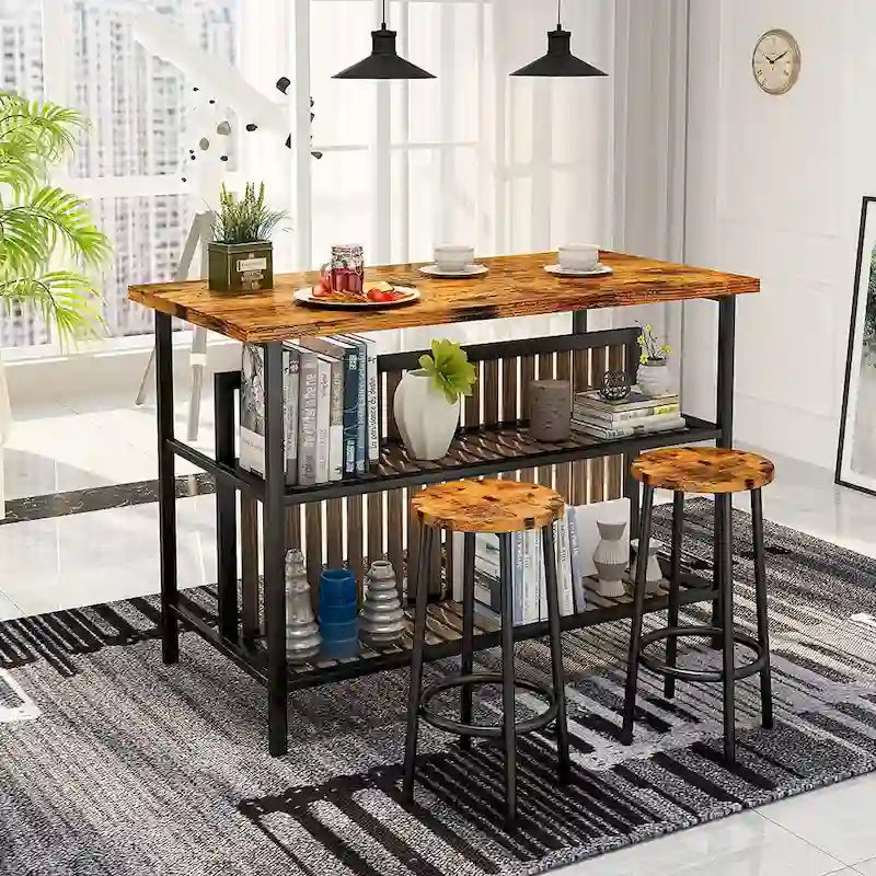 Isla de cocina con 2 taburetes y estantes abiertos