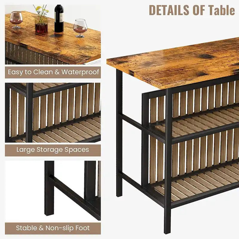 Isla de cocina con 2 taburetes y estantes abiertos