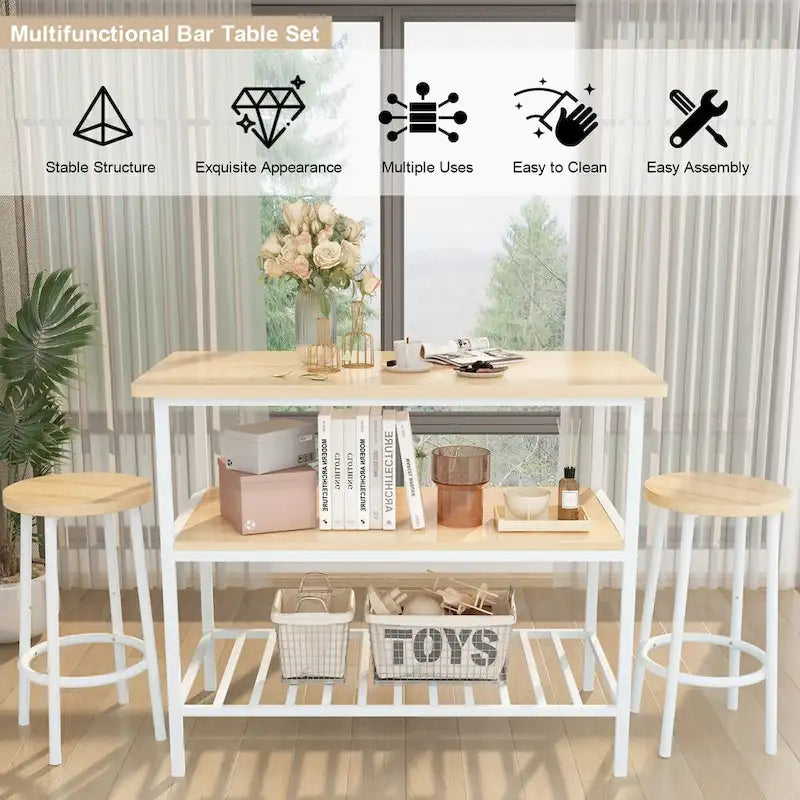 Isla de cocina con 2 taburetes y estantes abiertos