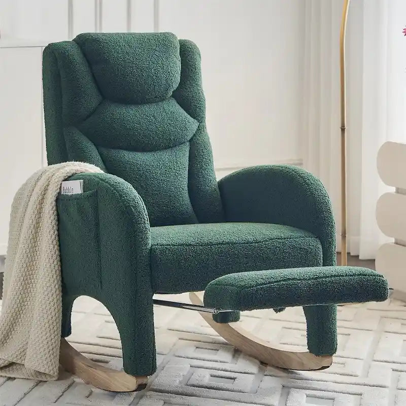 Mecedora tapizada con reposapiés ajustable y bolsillo lateral extraíble