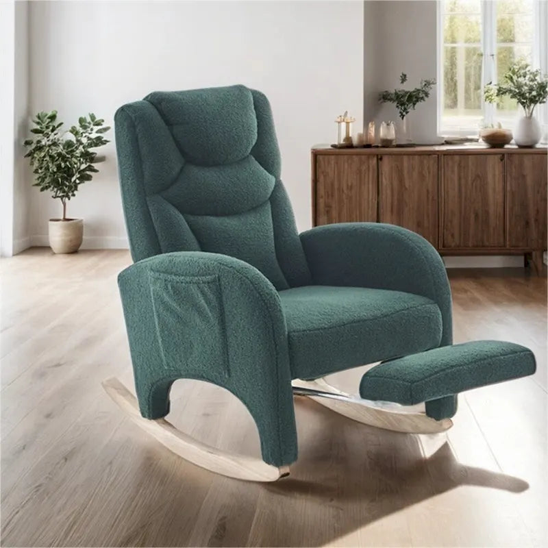 Mecedora tapizada con reposapiés ajustable y bolsillo lateral extraíble