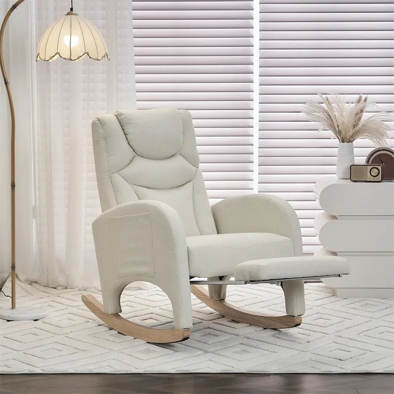 Mecedora tapizada con reposapiés ajustable y bolsillo lateral extraíble