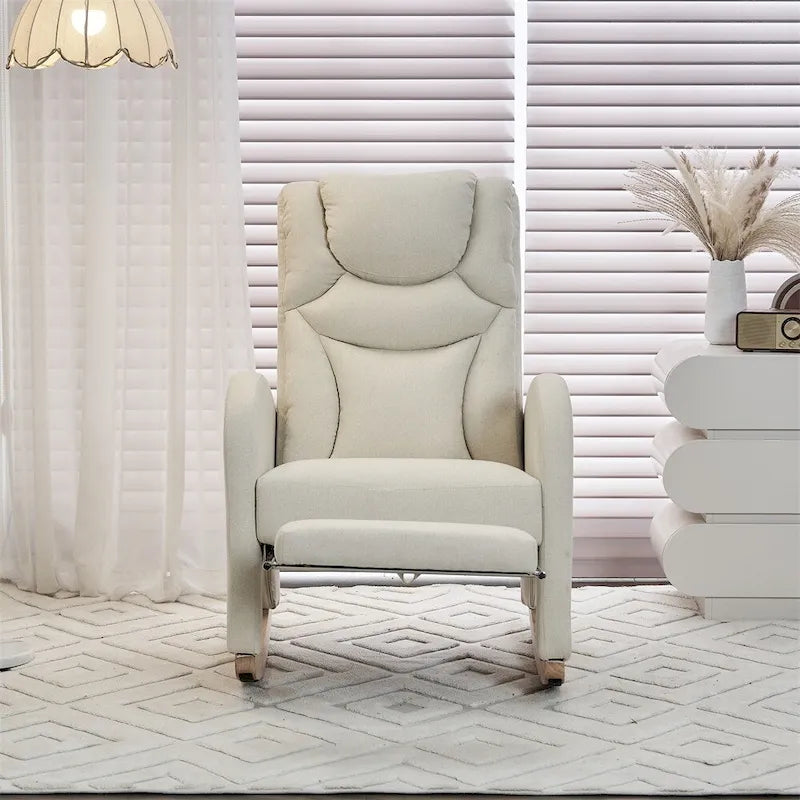Mecedora tapizada con reposapiés ajustable y bolsillo lateral extraíble