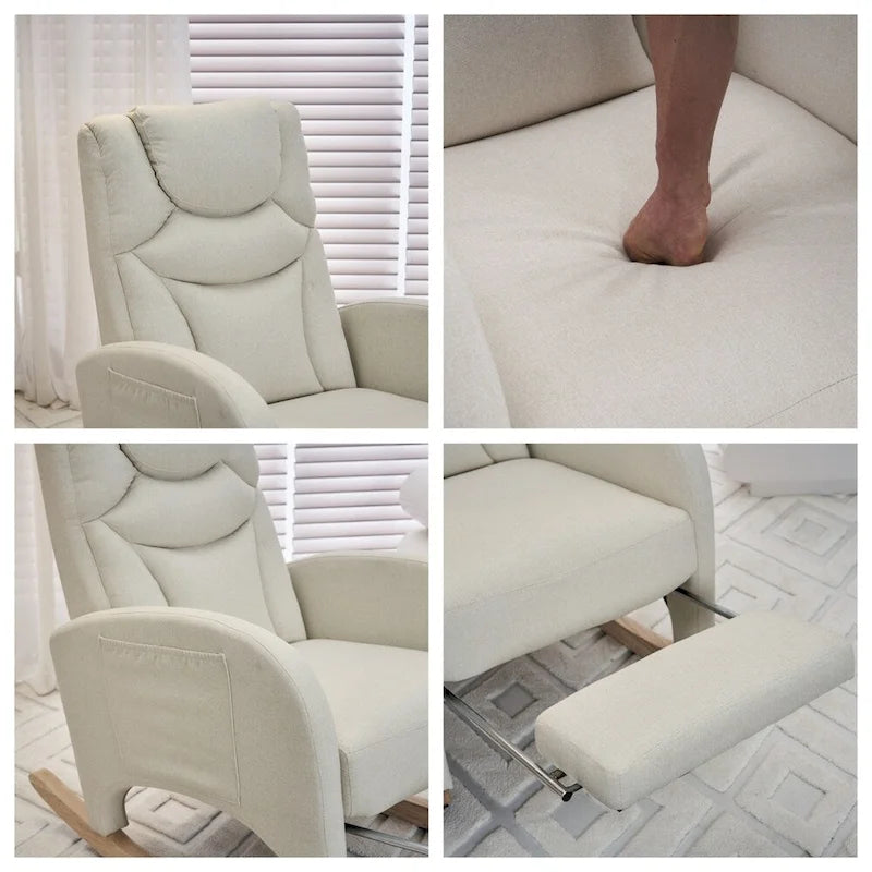 Mecedora tapizada con reposapiés ajustable y bolsillo lateral extraíble